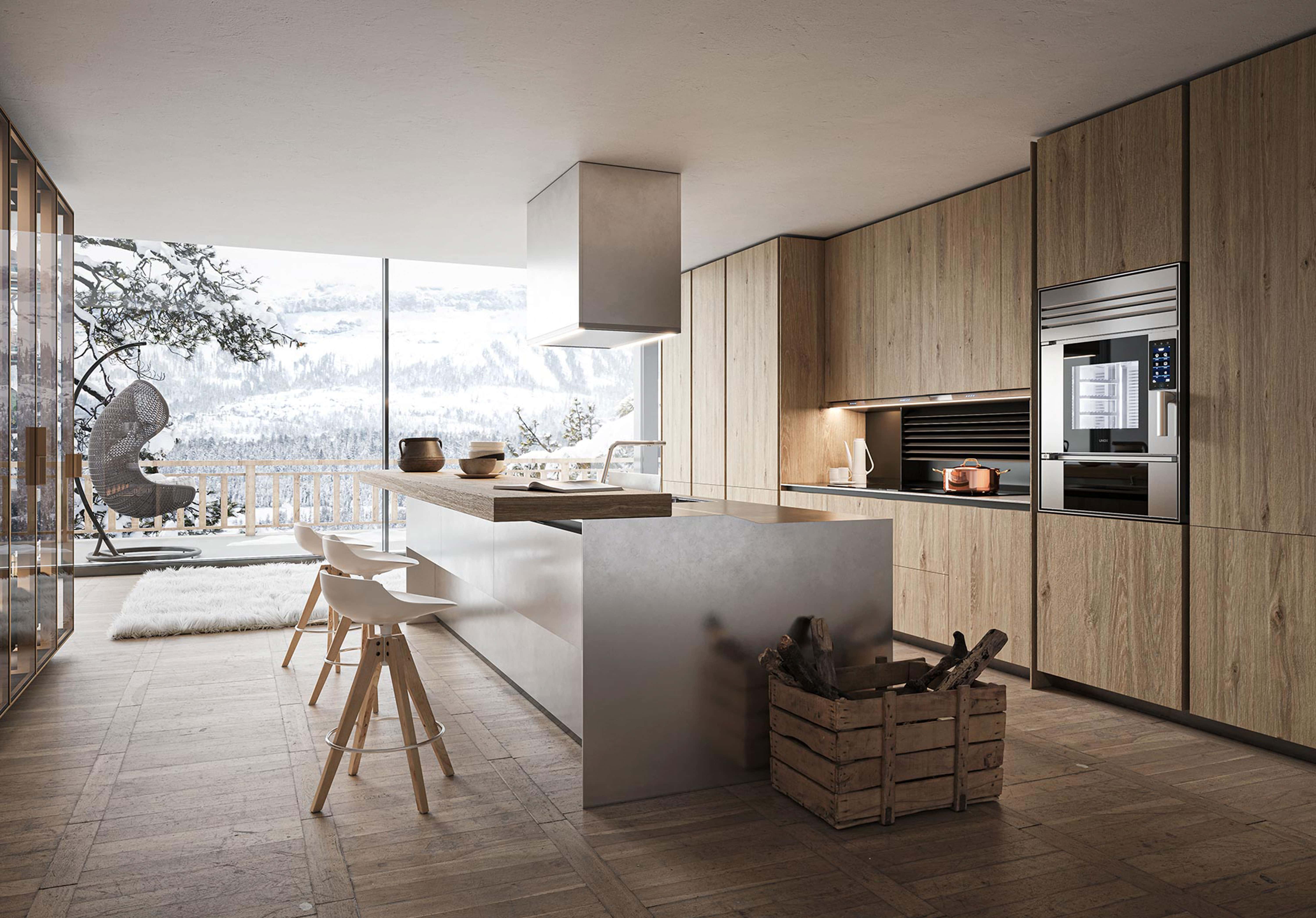 Cuisine minimaliste avec four intelligent Unox Casa dans un chalet de montagne à Cortina D'Ampezzo